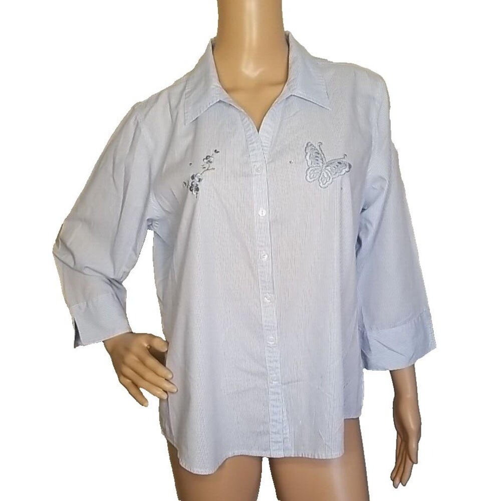 LAS OLAS Button Up Shirt Butterfly Blue M Striped Long Sleeve Embroidered    T33